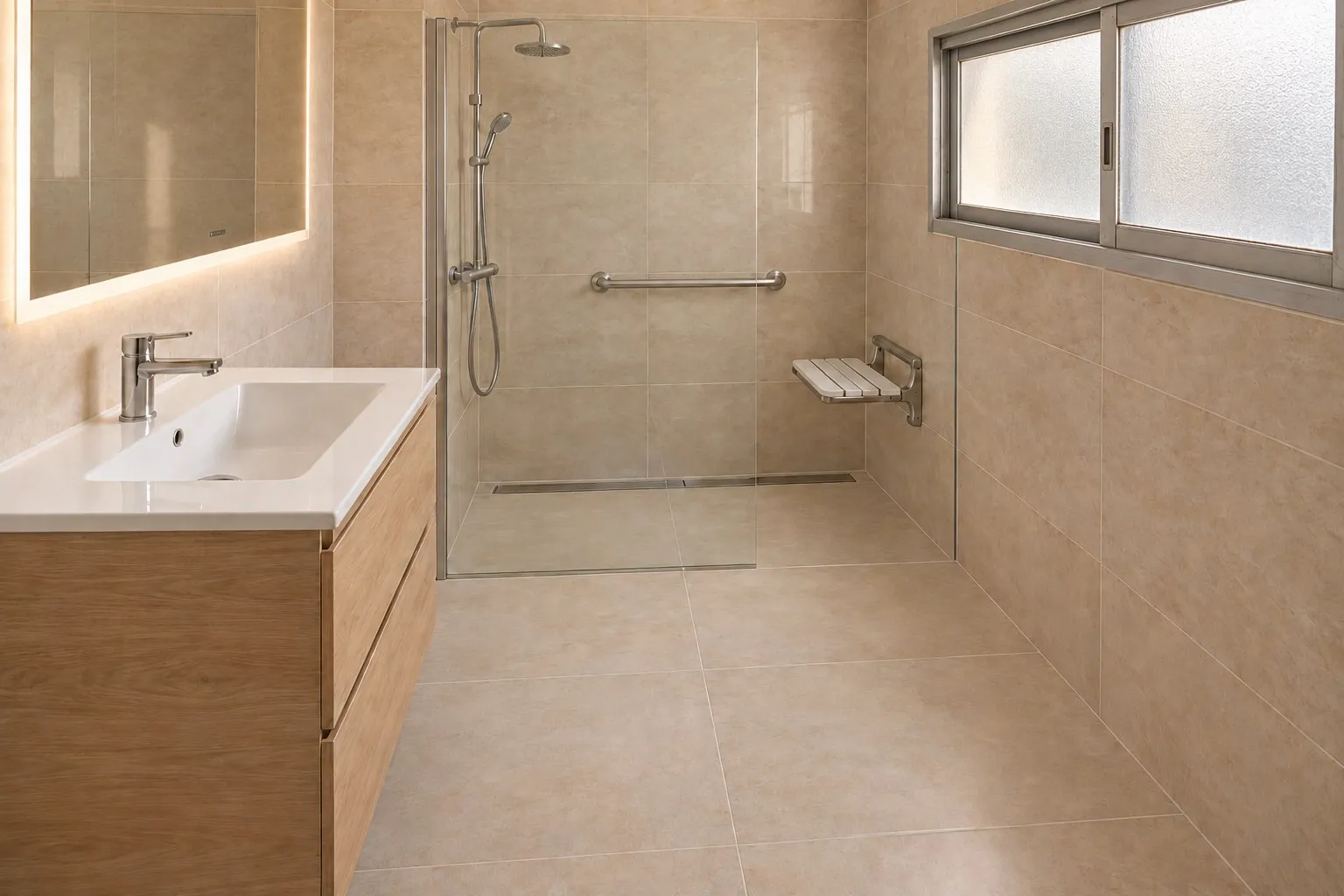 Baño reformado en Arroyo de la Miel, Benalmádena, con ducha a ras de suelo, barra de apoyo y asiento abatible