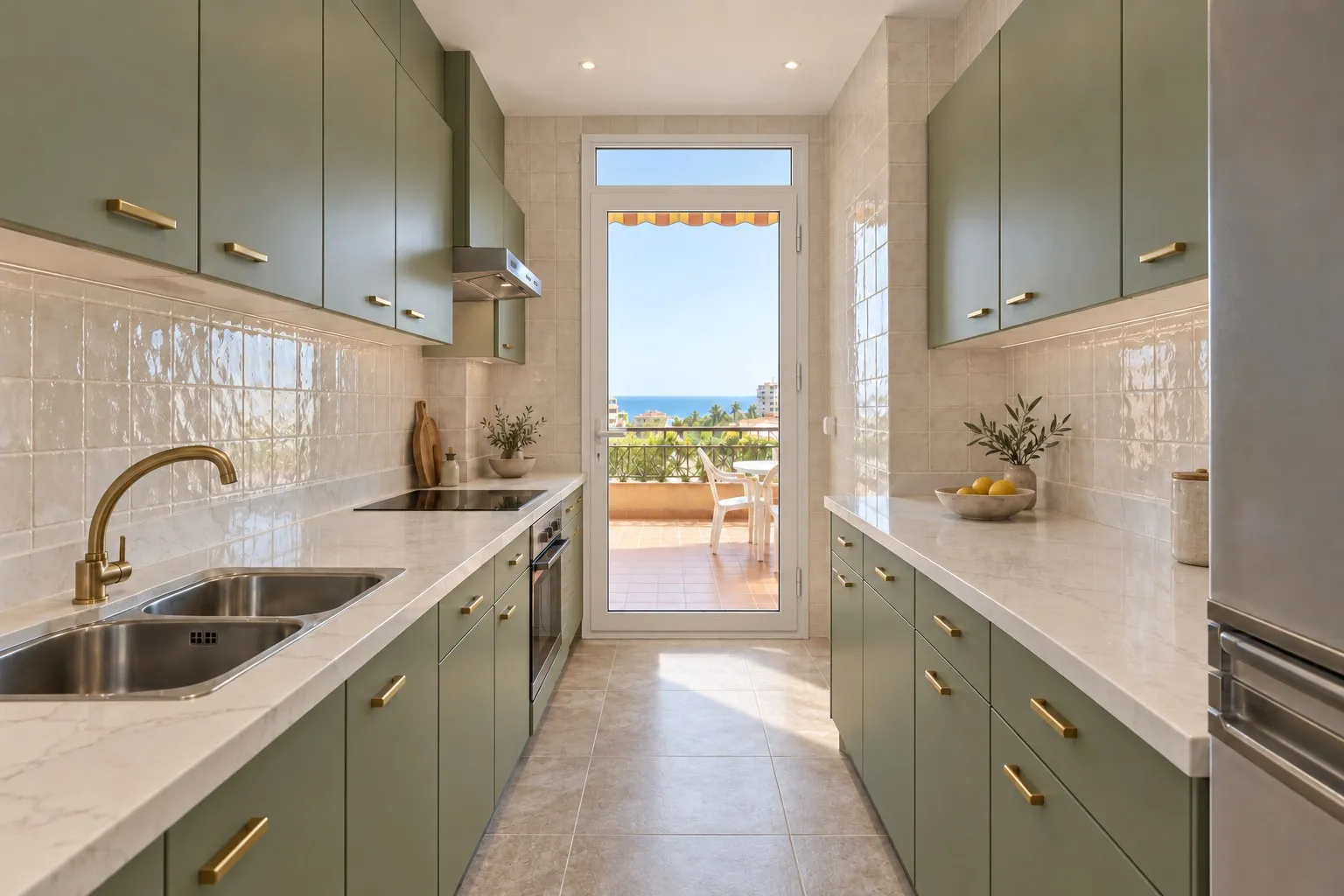 Cocina reformada en Benalmádena Costa con muebles verde salvia y encimera clara, con salida a la terraza