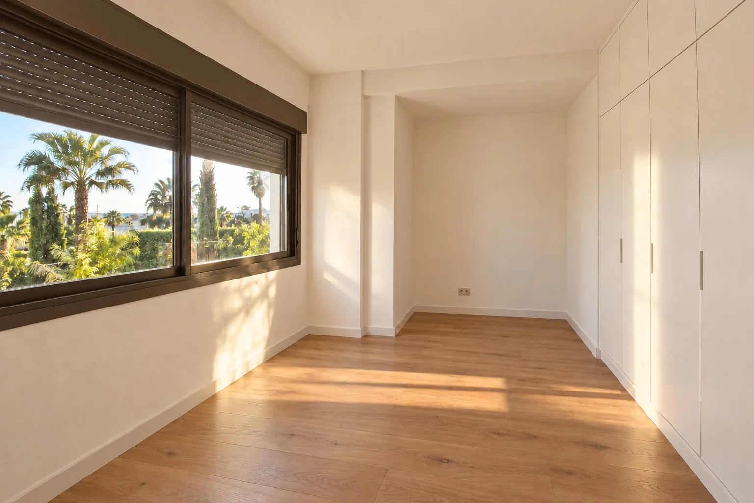 Dormitorio reformado en Torrequebrada, Benalmádena, con tarima y armario lacado hasta el techo